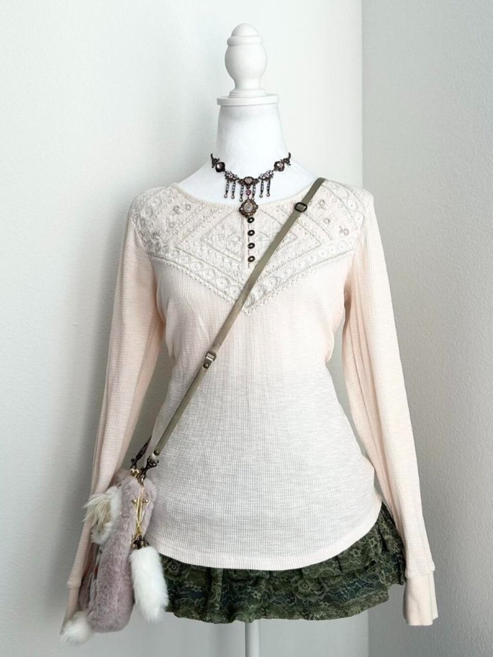 Lucky Brand Pale Pink Coquette Long Sleeve Henley Top